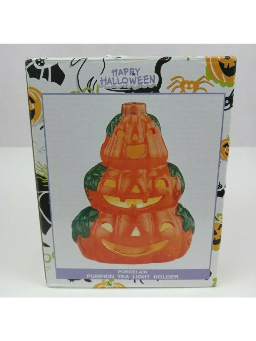 Vintage Halloween Porcelain Pumpkins Tea Light Holder Jack-O-Lanterns 6" Tall